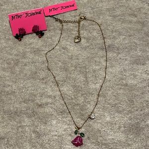 Vintage Betsey Johnson Sparkling Rose Necklace and Earrings Set
